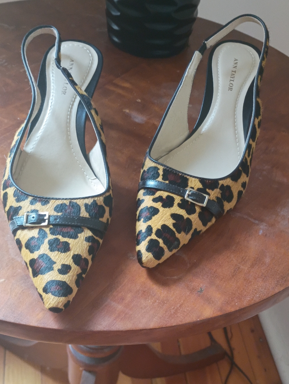 Ann Taylor Leopard Print Calf Hair Slingback Pointed Kitten Heel Pumps
